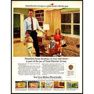 1967 Total Electric Living Vintage Print Ad MidCentury Family Room Housewife Art